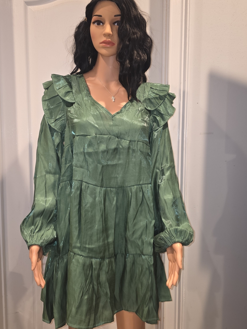 Umgee Shimmery Forest Green Ruffle Tiered V-Neck Dress